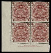 5/- Arms, THIN PAPER (SG.224aab; BW:268a) Authority Imprint blk.4 on paper measuring 0.07mm; offered together with an Authority Imprint blk.4 on normal thickness paper, which measures 0.09mm. (8); both blocks are well centred and superb MUH. BW: $3,300. - 3