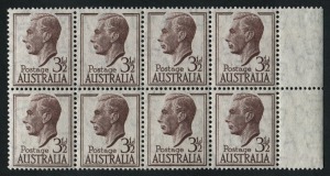 1951-52 (SG.247) 3½d Brown-purple KGVI definitive, R marginal block (8) on THIN PAPER; BW.253a. MUH.