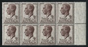 1951-52 (SG.247) 3&frac12;d Brown-purple KGVI definitive, R marginal block (8) on THIN PAPER; BW.253a. MUH.