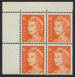 1966-73 (SG.387a) 6c Orange QEII, upper left corner blk.(4) on Uncoated non-helecon paper, fresh MUH. BW:446ad - $400.