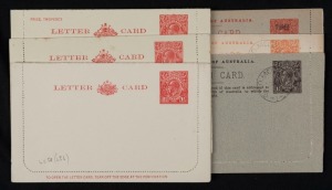 Letter Cards: Attractive group, all Unused except where noted; comprising LC42 "Hawkesbury River N.S.W." CTO (tiny scrape); LC45 "G.P.O. HOBART" CTO (some foxing); LC54 "Gibberabong Creek N.S.W."; LC58 1½d red, rounded corners; LC58b 1½d red, squared corners; LC61; LC62; LC63 & LC64. Mainly fine. (9). Cat.$1125.