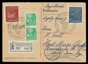 First Day & Commemorative Covers: "RICHMOND PARK KIOSK 3 / XVI Olympiad, Vic., Aust." temporary registration label used on Dec.1956 postal card to East Germany bearing the East German Olympic adhesives tied by OLYMPIC PARK pictorial cds's; with Melbourne & Sydney backstamps and KARL-MARX STADT arrival cds on front. An extremely unusual use of the registration label.