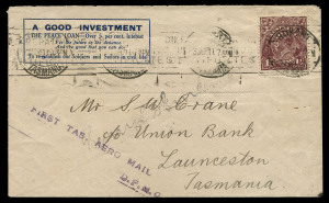 Aerophilately & Flight Covers: 4 Sept. 1919 (AAMC.23) Hobart - Launceston cover with Peace Loan advertising and KGV 1½d brown carried by ED Cummings in a Sopwith Pup on the first aerial mail flight in Tasmania, violet two-line 'FIRST TAS. AERO MAIL/DPMG' handstamp and 'LAUNCESTON/-5SE19/TASMANIA' arrival backstamp, very fine with only 6 examples believed to have survived, Cat $4000. Accompanied by photo of the Sopwith Pup circling Hobart GPO.