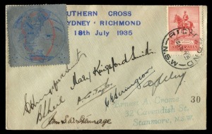 Aerophilately & Flight Covers: The Last Flight of the "Southern Cross" 18 July 1935 (AAMC.515) a cover (#30) carried from Mascot to Richmond, with special vignette showing the route the aeroplane had followed around the world; signed by Charles Kingsford Smith, Mary Kingsford Smith, P.G. Taylor, John Stannage and all other personnel on board.