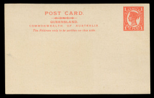 QUEENSLAND - Postal Stationery : POSTAL CARDS: 1911 1d Four Corners stamp design, with admonition in italics 'The Address only to be written on this side' added as the Fourth Line of Heading, on cream stock, two examples, one unused and the other addressed to Sydney (no postal markings); age spotting on the latter. Unlisted by Higgins & Gage. The only known examples. (2)