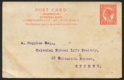 QUEENSLAND - Postal Stationery : POSTAL CARDS: 1911 1d Four Corners stamp design, with admonition in italics 'The Address only to be written on this side' added as the Fourth Line of Heading, on cream stock, two examples, one unused and the other addresse - 2