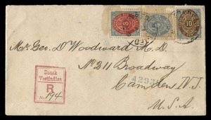 DANISH WEST INDIES - Postal History: June 1899 usage of bi-coloured 3c,  4c  and 10c [the 3c and 10c with inverted frame] on beautiful registered cover to Camden, NEW JERSEY. FREDERIKSTED sans-serif cds's and well-struck vertical magenta DWI registration 