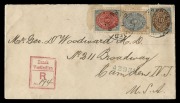 DANISH WEST INDIES - Postal History: June 1899 usage of bi-coloured&nbsp;3c,&nbsp; 4c&nbsp; and 10c [the 3c and 10c with inverted frame] on beautiful registered cover to Camden, NEW JERSEY.&nbsp;FREDERIKSTED sans-serif cds's&nbsp;and well-struck vertical magenta DWI registration&nbsp;