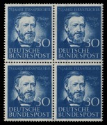 GERMANY: WEST GERMANY: 1949 - 1952&nbsp; group in superb MUH condition: 30pf UPU marginal single, 10pf Luther horizontal strip of 3, 30pf Otto corner blk.4 plus single, 10pf Thurn & Taxis stamp centenary blk.4 and 30pf Reis blk.4. (17).