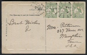 27 August 1913 usage of ½d Green, strip of 3 attractively tied on a RP postcard ("Suspension Bridge, North Sydney"), by multiple "650"' star postmarks of GUNARDOO, NSW, with cds alongside; addressed to USA.