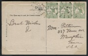 27 August 1913 usage of &frac12;d Green, strip of 3 attractively tied on a RP postcard ("Suspension Bridge, North Sydney"), by multiple "650"' star postmarks of GUNARDOO, NSW, with cds alongside; addressed to USA.