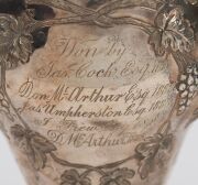 JOACHIM MATTHIAS WENDT of Adelaide, antique Australian silver trophy cup with repousse grape decoration, engraved "MT. GAMBIER A. & H. SOCIETY SPRING SHOW 1881, PRESENTED BY MESSRS. J. & H. MORRISS FOR BEST BULL". Perpetual trophy engraved with several wi - 6