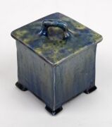 HARVEY SCHOOL blue glazed lidded pottery square form vase with yellow highlights, incised "T.H., 1923", ​​​​​​​13cm high - 2