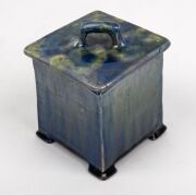 HARVEY SCHOOL blue glazed lidded pottery square form vase with yellow highlights, incised "T.H., 1923", ​​​​​​​13cm high - 3