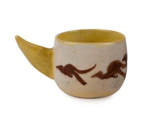 NEIL DOUGLAS pottery ramekin decorated with kangaroos, incised "Neil Douglas, A.M.B.", 8cm high, 15cm wide