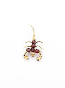 VARIOUS: Gold scorpion brooch set with garnets and diamonds; gold, sapphire and seed pearl bar brooch; 14ct gold ring.