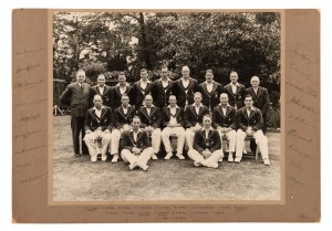 1938 AUSTRALIAN CRICKET TEAM IN GREAT BRITAIN: Superb large format original photograph mounted with printed team members' names in lower margin, fully signed by all 18 in the left and right margins including Don Bradman, Stan McCabe, Sid Barnes, Bill O'Reilly, Jack Fingleton, Bill Brown and Lindsay Hassett. Framed and glazed. Overall 43 x 61cm.