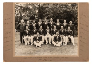 1938 AUSTRALIAN CRICKET TEAM IN GREAT BRITAIN: Superb large format original photograph mounted with printed team members' names in lower margin, fully signed by all 18 in the left and right margins including Don Bradman, Stan McCabe, Sid Barnes, Bill O'Re