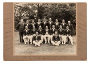 1938 AUSTRALIAN CRICKET TEAM IN GREAT BRITAIN: Superb large format original photograph mounted with printed team members' names in lower margin, fully signed by all 18 in the left and right margins including Don Bradman, Stan McCabe, Sid Barnes, Bill O'Re