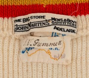 CLARRIE GRIMMETT'S SOUTH AUSTRALIAN TEAM, circa 1930 woollen jumper with blue, yellow and red colours to cuffs and collar; "Australknit S.A." maker's label, "The Big Store John Martin's Mens & Boys Outfitters Adelaide" retailer's label and ownership label - 2