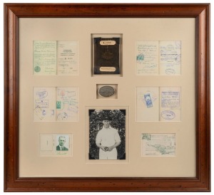 CLARRIE GRIMMETT'S AUSTRALIAN COMMONWEALTH PASSPORT issued in 1926, renewed in 1930 and again in 1934 for each of Grimmett's Australian Test Tours to England; with 13 pages of visas for various European ports-of-call, as well as Colombo, North America and Egypt; mounted together with an original photograph and a metal plaque engraved "C.V. GRIMMETT - from members of - WELLINGTON EAST CRICKET CLUB - 1914". Attractively framed and glazed, overall 79 x 88cm.