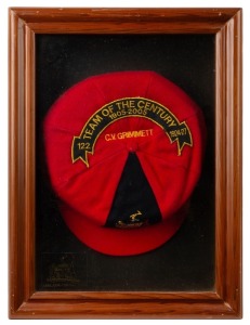 CLARRIE GRIMMETT'S ADELAIDE CRICKET CLUB "1905 - 2005 TEAM OF THE CENTURY"  award cap, red wool with the club coat-of-arms to the front panel, Grimmett's name as "cap" number "122" with explanatory sash embroidered to the crown; attractively presented in 