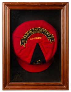 CLARRIE GRIMMETT'S ADELAIDE CRICKET CLUB "1905 - 2005 TEAM OF THE CENTURY" award cap, red wool with the club coat-of-arms to the front panel, Grimmett's name as "cap" number "122" with explanatory sash embroidered to the crown; attractively presented in a glass-topped wooden case with Adelaide Cticket Club logo to lower left. Overall 40 x 30 x 8cm. Other members of the Team of the Century included Jack Badcock, Jason Gillespie, and Joe Travers.