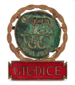 1960 ROME SUMMER OLYMPICS: Judge's Official Badge with "GIUDICE" against a red enamel background in the panel below.