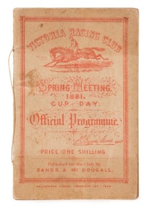 VICTORIA RACING CLUB, SPRING MEETING, 1881, Cup Day Official Programme. Complete and without annotations. The 1881 Melbourne cup was won by Zulu, a 50/1 outsider in the field of 33 runners.