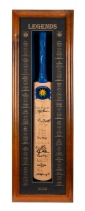 LEGENDS CRICKET BAT attractively framed and glazed full sized cricket bat signed by 16 living legends of the game, with details of their careers printed on the surrounding mount. The legends include Clive Lloyd, Ravi Shastri, Richie Benaud, Imran Khan, Ian Chappell, Sir Richard Hadlee and Michael Holding. Accompanied by a Blazed in Glory certificate of authenticity, Limited Edition 931/1000. 110 x 35cm overall