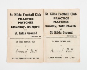 ST. KILDA FOOTBALL CLUB: 26th March and 1st April 1961 Practice Match programmes for the two matches held at the St. Kilda Ground; each of 4 pages and providing a list of the players making up the "Red" and "Blue" teams. Noted Ian Synman, Ross Smith, Paul
