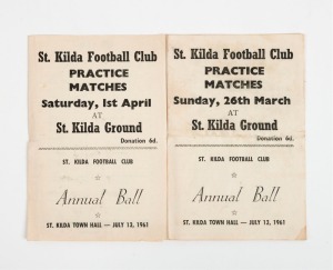 ST. KILDA FOOTBALL CLUB: 26th March and 1st April 1961 Practice Match programmes for the two matches held at the St. Kilda Ground; each of 4 pages and providing a list of the players making up the "Red" and "Blue" teams. Noted Ian Synman, Ross Smith, Paul Dodd, Alan Morrow, Bill Stephenson, Verdun Howell and Lindsay Fox. (2 items).