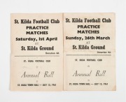 ST. KILDA FOOTBALL CLUB: 26th March and 1st April 1961 Practice Match programmes for the two matches held at the St. Kilda Ground; each of 4 pages and providing a list of the players making up the "Red" and "Blue" teams. Noted Ian Synman, Ross Smith, Paul