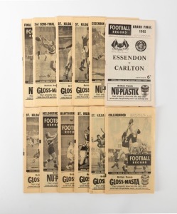 THE FOOTBALL RECORD: 1962 Home-and-Away editions No.2, 4, 8, 10, 13, 16, 19, 20 and 22 (all of which feature St. Kilda) and the special editions for the 2nd Semi-Final (Essendon v Geelong), the Final (Carlton v Geelong) and the Grand Final (in which Essendon defeated Carlton by 32 points). (Total: 12).