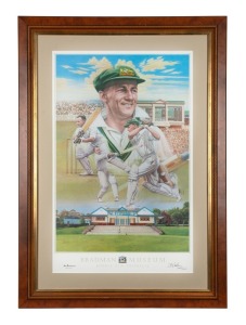 DON BRADMAN, original signature on "The Don" print by Brian Clinton, also signed by the artist & numbered 407/1000, published by the Bradman Museum, framed & glazed, overall 97 x 69cm. With CofA and accompanying documentation.  