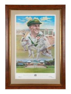 DON BRADMAN, original signature on "The Don" print by Brian Clinton, also signed by the artist & numbered 407/1000, published by the Bradman Museum, framed & glazed, overall 97 x 69cm. With CofA and accompanying documentation.