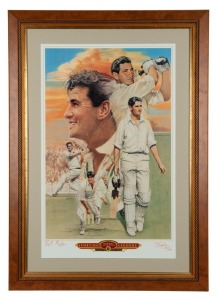 KEITH MILLER, "Sporting Legends - Keith Miller, Australian Cricketer" limited edition print [#407/500] by Brian Clinton, signed by Keith Miller and the artist, window mounted, framed & glazed, overall 86 x 64cm, with CoA.  