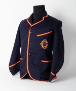 ADELAIDE CRICKET CLUB BLAZER, Grimmett's Adelaide Cricket Club blazer, blue wool with yellow and red trim, with monogram initials of the A.C.C. embroidered in red, yellow, and turquoise thread; label of McCarron & Co., inscribed in ink "MR. C.V. GRIMMETT  - 3