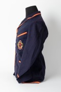 ADELAIDE CRICKET CLUB BLAZER, Grimmett's Adelaide Cricket Club blazer, blue wool with yellow and red trim, with monogram initials of the A.C.C. embroidered in red, yellow, and turquoise thread; label of McCarron & Co., inscribed in ink "MR. C.V. GRIMMETT  - 4