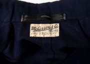 ADELAIDE CRICKET CLUB BLAZER, Grimmett's Adelaide Cricket Club blazer, blue wool with yellow and red trim, with monogram initials of the A.C.C. embroidered in red, yellow, and turquoise thread; label of McCarron & Co., inscribed in ink "MR. C.V. GRIMMETT  - 6