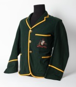 AUSTRALIAN 1926 TEST TEAM BLAZER, Grimmett's Test blazer worn on his first tour of England; green wool with yellow trim, embroidered with the Australian coat of arms in gold and silver wire and coloured thread incorporating the date "1926"; Harding's Merc - 3