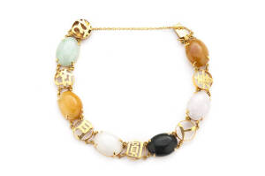 VARIOUS: Chinese 14ct gold, jade and coloured stone bracelet and pendant.