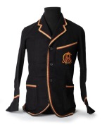 SOUTH AUSTRALIAN CRICKET ASSOCIATION, Clarrie Grimmett's blazer, early design in black wool with yellow, red and black trim, applied with monogrammed initials of the S.A.C.A. embroidered to the pocket in red and yellow thread. Label of McCarron & Co., Ade - 2