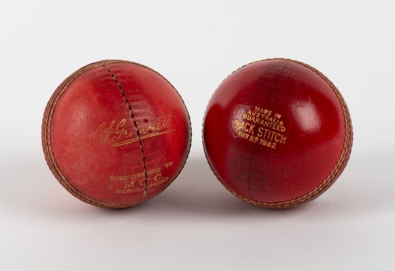 An early 1930s Spalding "C.V. GRIMMETT" signature cricket ball stamped "Comforming to M.C.C. Regulations"; also, a later Bear Brand Special cricket ball stamped "Made in Australia GUARANTEED Back Stitch. Pat.No.7882. (2 balls). Provenance: The Clarrie Gri