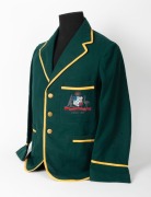 AUSTRALIAN 1935-36 TEST TEAM BLAZER, Clarrie Grimmett's Test blazer worn for the tour of South Africa; green wool with yellow trim, embroidered with the Australian coat of arms in gold and silver wire and coloured thread incorporating the dates "1935-36"; - 3