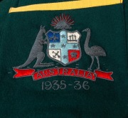 AUSTRALIAN 1935-36 TEST TEAM BLAZER, Clarrie Grimmett's Test blazer worn for the tour of South Africa; green wool with yellow trim, embroidered with the Australian coat of arms in gold and silver wire and coloured thread incorporating the dates "1935-36"; - 6