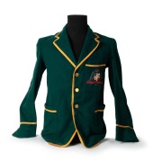 AUSTRALIAN 1934 TEST TEAM BLAZER, Clarrie Grimmett's Test blazer worn on his tour of England; green wool with yellow trim, embroidered with the Australian coat of arms in gold and silver wire and coloured thread incorporating the date "1934"; Farmer's Syd - 2