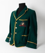 AUSTRALIAN 1934 TEST TEAM BLAZER, Clarrie Grimmett's Test blazer worn on his tour of England; green wool with yellow trim, embroidered with the Australian coat of arms in gold and silver wire and coloured thread incorporating the date "1934"; Farmer's Syd - 3