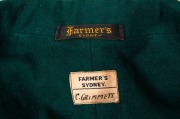 AUSTRALIAN 1934 TEST TEAM BLAZER, Clarrie Grimmett's Test blazer worn on his tour of England; green wool with yellow trim, embroidered with the Australian coat of arms in gold and silver wire and coloured thread incorporating the date "1934"; Farmer's Syd - 6