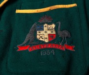 AUSTRALIAN 1934 TEST TEAM BLAZER, Clarrie Grimmett's Test blazer worn on his tour of England; green wool with yellow trim, embroidered with the Australian coat of arms in gold and silver wire and coloured thread incorporating the date "1934"; Farmer's Syd - 7